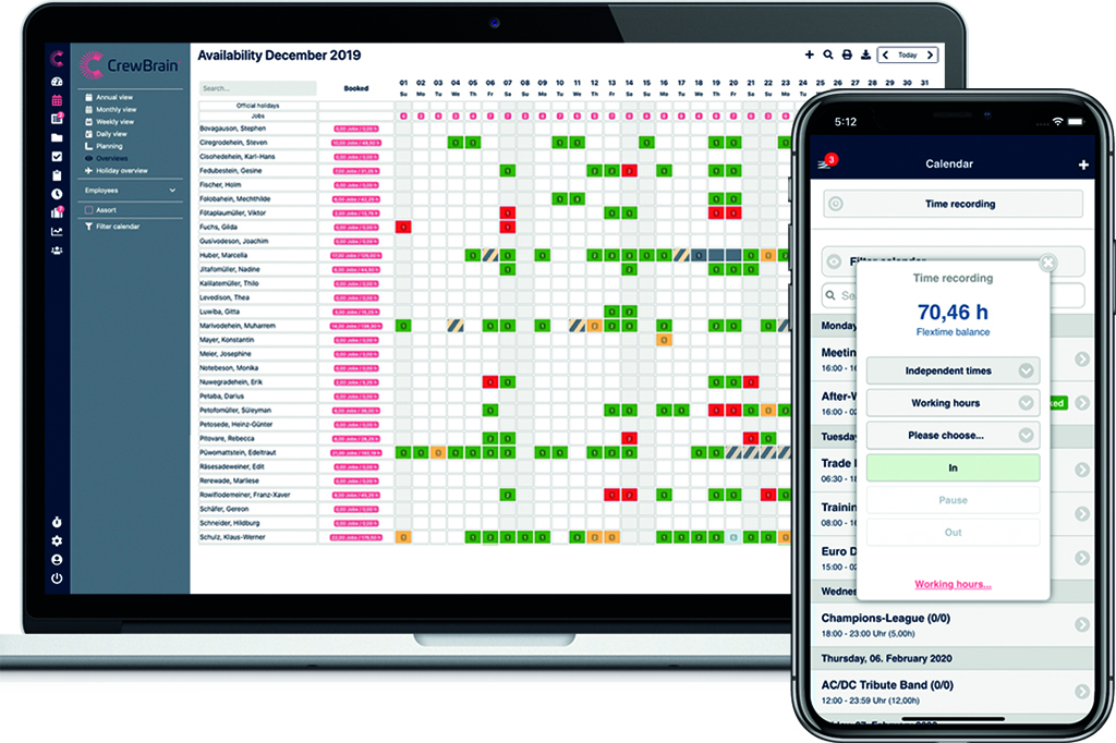 CrewBrain gibt es als Desktop-Ansicht und als App – die Mitarbeiter können ihre Zeiterfassung so direkt vor Ort erledigen.