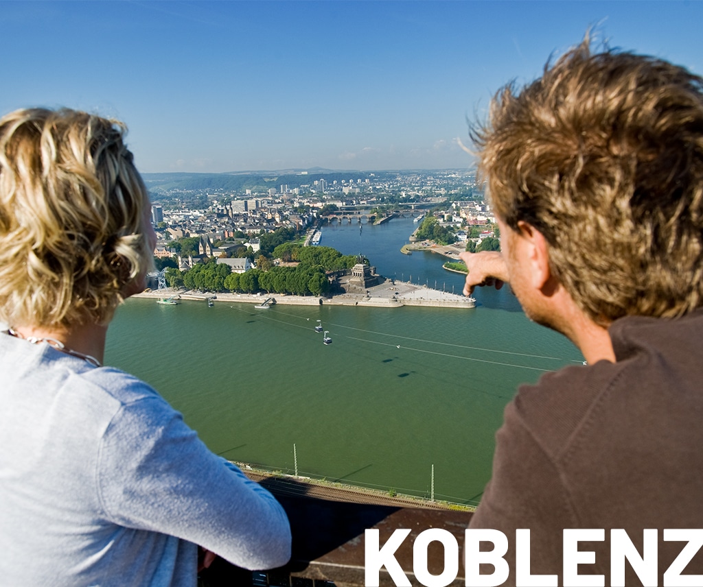 Von der Festung Ehrenbreitstein sieht man in Koblenz das Deutsche Eck.